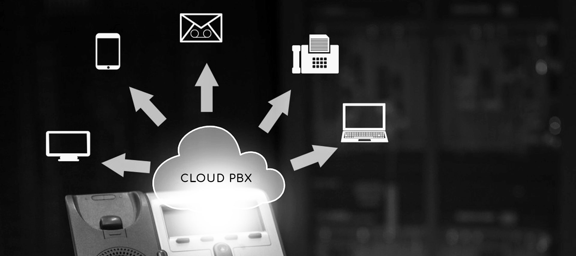 "PBX" written in a cloud pointing multiple pictogram devices